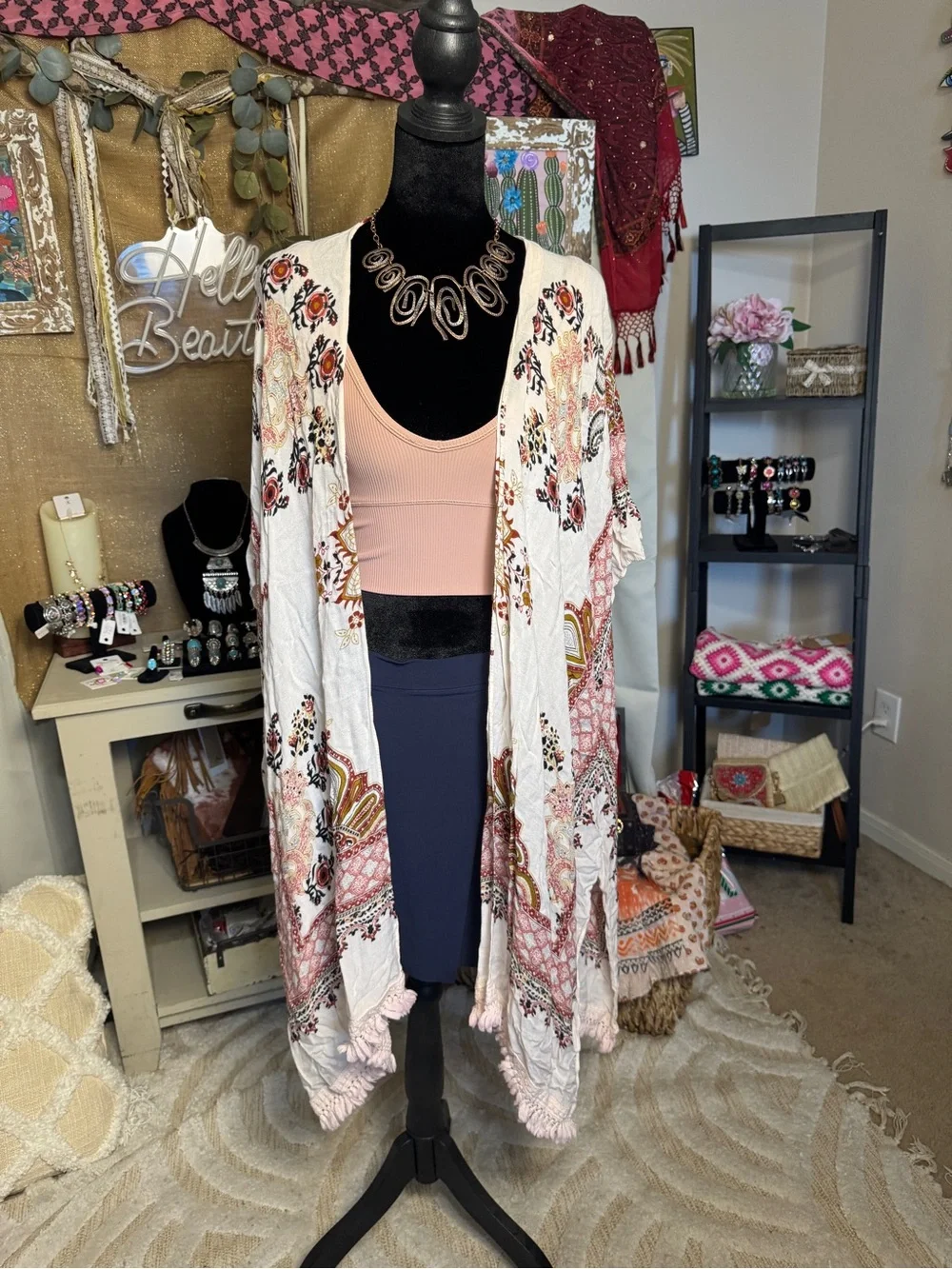 Altar'd State Blush and Ivory Floral Fringe Kimono